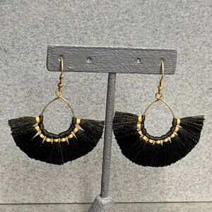 Exotic Dangle Pierced Earrings Gold Black Tassel Retro Boho Vintage Fringe 90s
